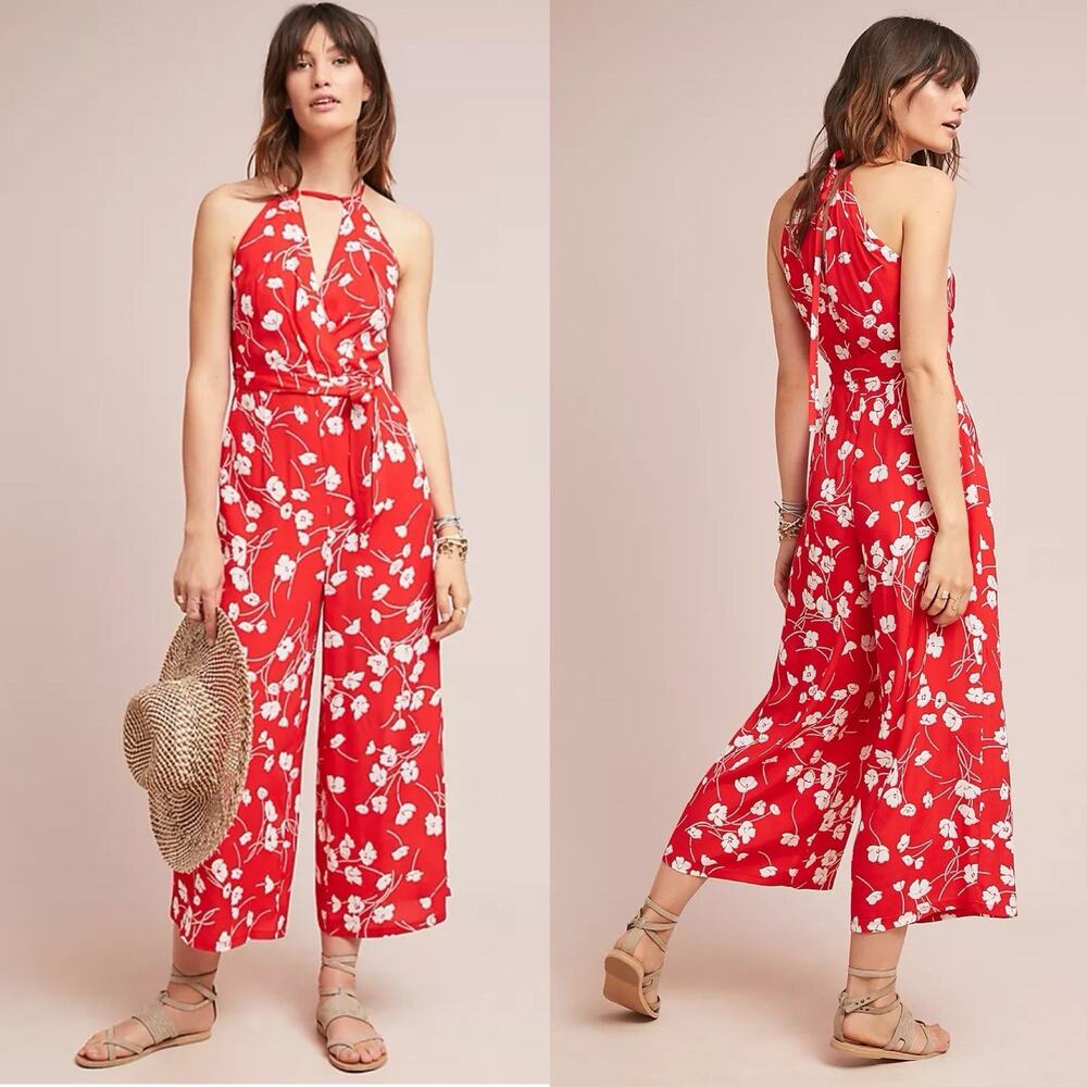 Anthropologie Red Floral Halter Tie-Waist Jumpsuit